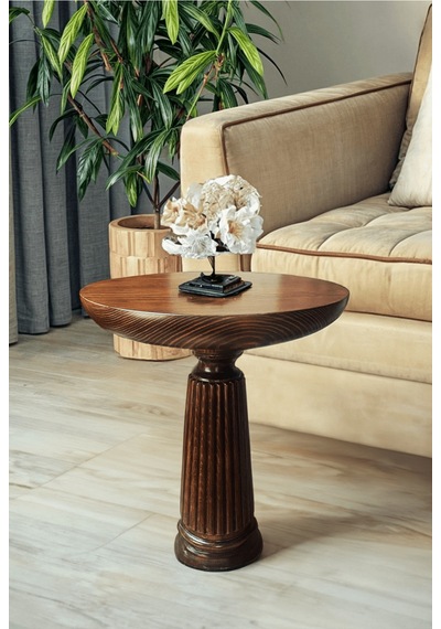 Wood Wooden Ahşap Tekli Fitilli Mantar Yan Sehpa / Ceviz Renk / Mushroom Side Table Kahverengi