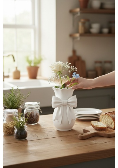 Modern Beyaz Dekoratif Vazo 22 Cm Kurdele Detaylı Şık Tasarım Beyaz