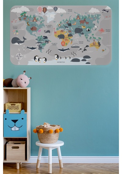 Eğitici Dünya Haritası Dünya Atlası Çocuk Ve Bebek Odası Duvar Sticker-85x130-3821 Çok Renkli
