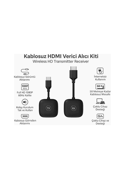 Kablosuz Hdmı Verici Alıcı Kiti Wireless Hd Transmitter Receiver 1080p 60hz Görüntü Aktarımı Tv, Projeksiyon, Notebook, Pc İle Uyumlu - S1 Hdmı