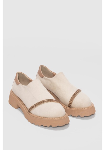 Nivan Ön Taşlı Aksesuar Detaylı Kadın Loafer-ekru Süet
