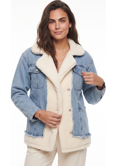 Onloox Kadın Bej-mavi Bej Mavi Pamuklu Karışımlı Kumaş Uzun Kollu Tedy Astar Detaylı Dört Cepli Denim Ceket Mont