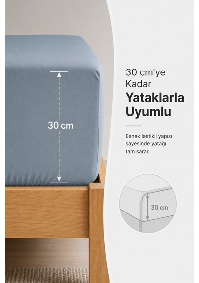%100 Pamuk Penye Lastikli Çarşaf - Çift Kişilik Gri