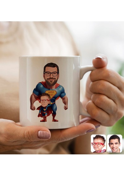 Kişiye Özel Karikatürlü Süper Baba-çocuk Tasarımlı Beyaz Kupa Bardak-1, Babaya Hediye, Babalar Günü Hediyeleri Kobitmeyencom31622 Bk Gift