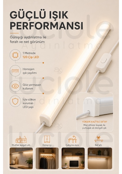 220v Günışığı Led Bar 100 Cm Fişli Anahtarlı Yapışkanlı Tezgah Altı Dolap İçi Aydınlatma