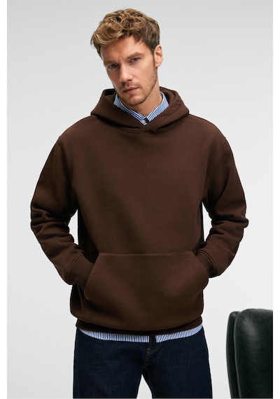 Grimelange AMOS Erkek Yumuşak Kumaşlı 3 İplik Oversize Kapüşonlu Kanguru Cepli Acı Kahve Sweatshirt