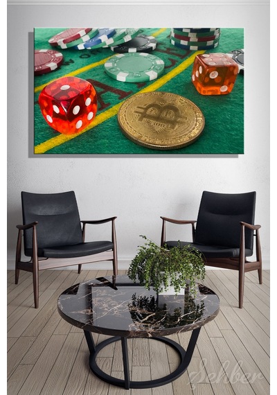Yeşil Çuhada Kırmızı Zarlar Poker Çipleri Ve Bitcoin Hatıra Parası Yatay Kanvas Tablo 4335 Çok Renkli