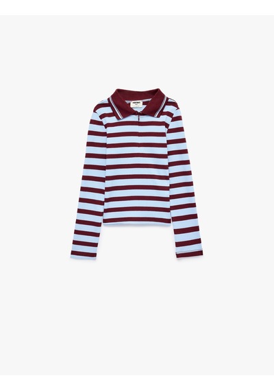 Koton Fermuarlı Uzun Kollu Pamuklu Polo Yaka Çizgili Tişört Bordo Çizgili 7wkg10499ak