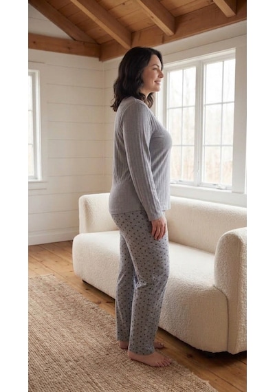 Eyfuze Kadın Kışlık Büyük Beden Desenli Yakası Düğmeli Uzun Kollu Pijama Takımı Antrasit - Gri