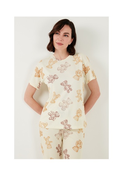 Lela Regular Fit Kısa Kollu Bayan Pijama Takımı 65740104 Bej