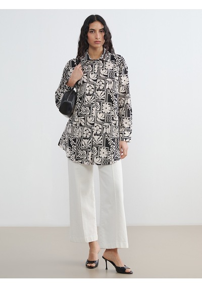 Lcw Modest Siyah Desenli Oversize Kadın Gömlek Tunik