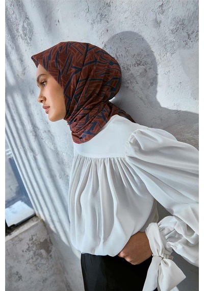 Silk Home Soft Pamuk Eşarp Kızıl Kahve Lacivert Taba Geometrik Desenli Hafif Dokulu 90x90 Çok Renkli