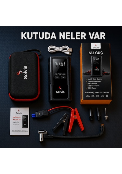 Solvis 4'ü 1 Arada 12v Akıllı Akü Takviye Cihazı, Lastik Şişirme, Powerbank Ve Led Aydınlatma Çanta Hediyeli