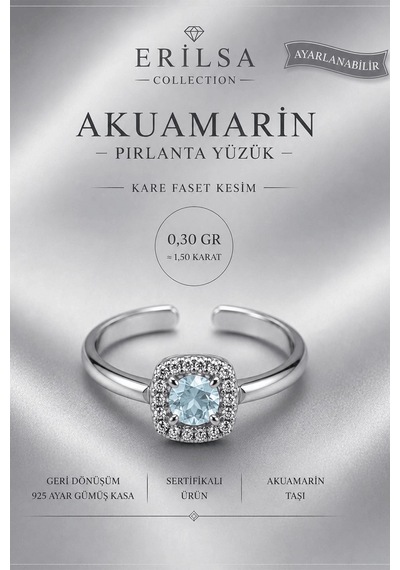 Sertifikalı Akuamarin Taşı Pırlanta Model Kare Faset Kesim 1,50 K Çok Renkli