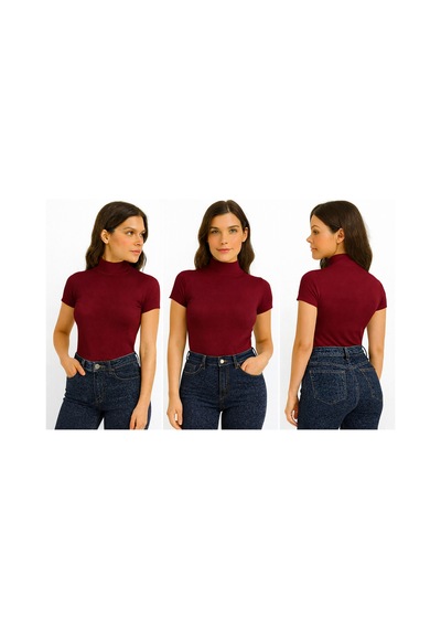 İngegno Body Yarım Balıkçı Yaka Kısa Kol Örme Kumaş Viskon Body Kadın Bordo