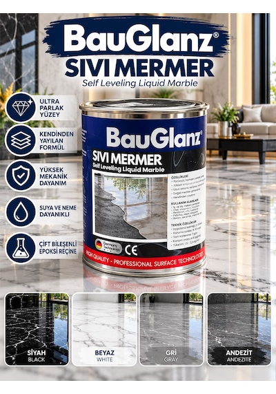 Sıvı Mermer Çift Bileşenli Epoksi Reçine Zemin Kaplama Seti - Ultra Parlak Kendinden Yayılan Dekoratif Epoksi 2.5 L