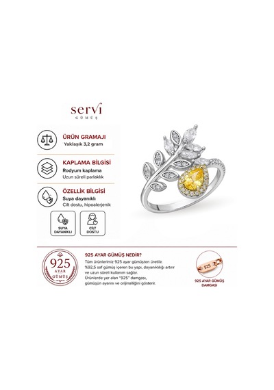 Servi 925 Ayar Gümüş Golden Leaf Yüzük-35