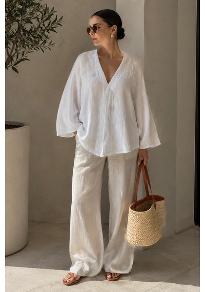 Bbbutikbasic Kadın Müslin Oversize Bluz Salaş Kesim Yazlık Basic Ceket My3535 beyaz