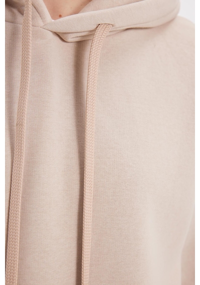 Tudors Kadın Oversize Geniş Kesim Pamuklu Yumuşak Dokulu İçi Polarlı Basic Bej Kapüşonlu Sweatshirt-42080 Bej