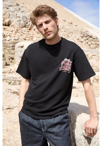 Grımelange Dukı Erkek Bisiklet Yaka Organik Pamuklu Baskılı Oversıze Siyah T-shirt