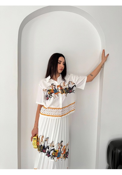 Asprinfashion Plise Etekli Baskılı Bayan Gömlek Etek Takım Beyaz