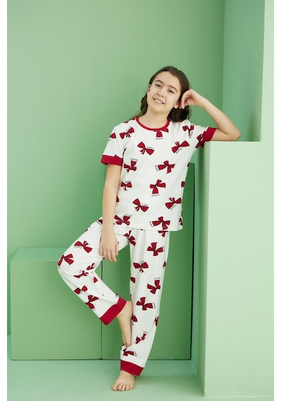 Siyah İnci Pamuklu Bisiklet Yaka Örme Pijama Takım25117067 Ekru