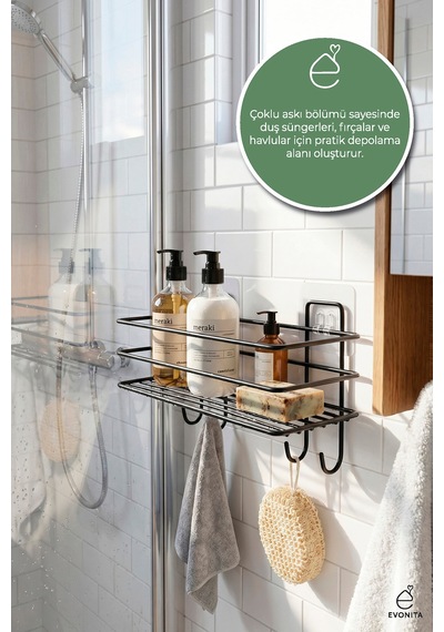 Yapışkanlı Askılı Banyo Rafı Metal Siyah Duş Şampuanlık Organizer Delmeden Montaj Raf