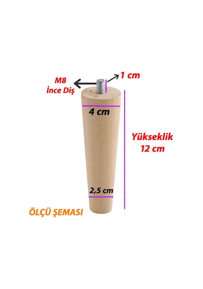 Ahşap Ayak 12 Cm 4'lü Set M8 Civatalı Bağlantı Aparatlı Dolap Mobilya Koltuk Kanepe Destek Ayağı Ayakları Ahşap