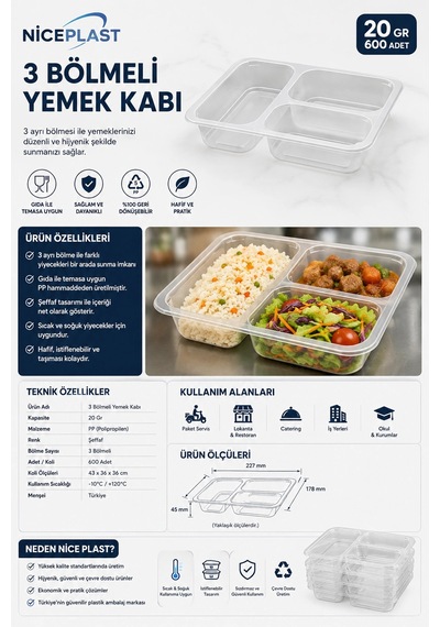 Nice Plast 3 Bölmeli Yemek Kabı Şeffaf Pp 20 Gr 100 Adet