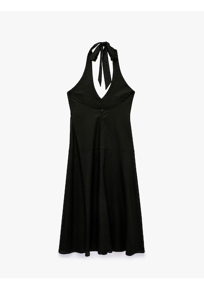 Koton Keten Karışımlı Boyundan Bağlamalı Halter Yaka Mini Plaj Elbisesi Siyah 6sak80042mw