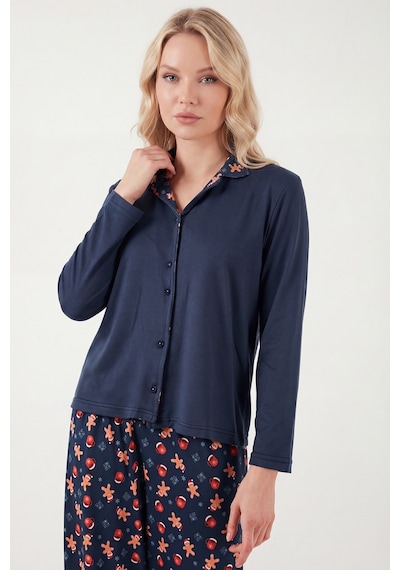 Lela Desenli Regular Fit Apaş Yaka Beli Lastikli Bol Paça Bayan Pijama Takımı 65714300 Lacivert