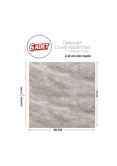 60x60 Cm Kendinden Yapışkanlı Duvar,banyo,tezgah Arası Gri Mermer-6 Adet 8808-60-6