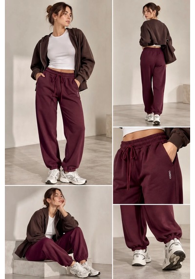 Bb Butik Basic Dökümlü Modal Kumaş Lastikli Bel Rahat Kesim Jogger Pantolon Zg3535 Bordo