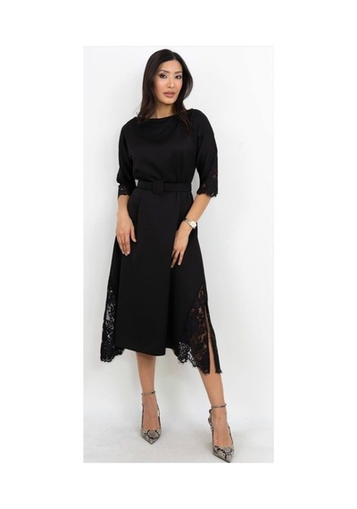 Dorne Moda Vizon Dantel Detaylı Kemerli Midi Elbise Siyah Siyah