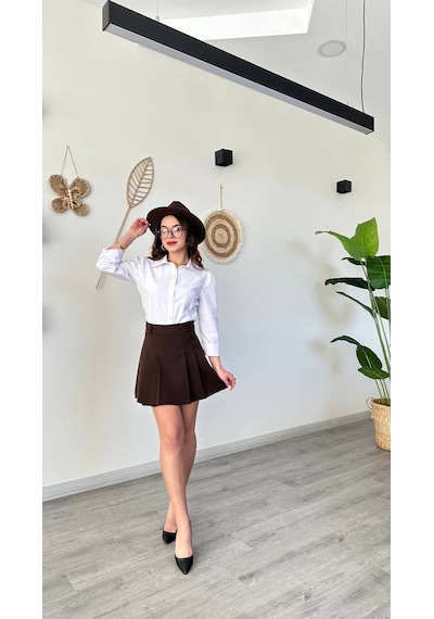 Duygudan Yüksek Bel Pileli Kahverengi Şort Etek A Kesim Mini Skort - Kahverengi