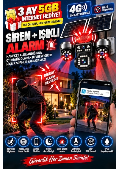 4g Solar Güvenlik Kamerası 4 Kameralı 3 Ptz Çift Solar Panel İnsan Takip Gece Görüş Siren Ip66