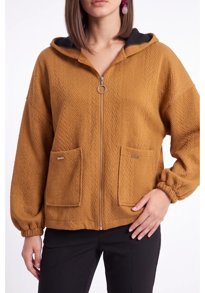 CEMO Çift Cepli Fermuarlı Kapüşonlu Desenli Sweatshirt Ceket Taba