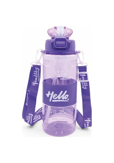 Hello Pipetli Suluk - Günlük Spor Su Şişesi - Renkli Boyun Askılı Okul Çocuk Suluğu 800 Ml Mor