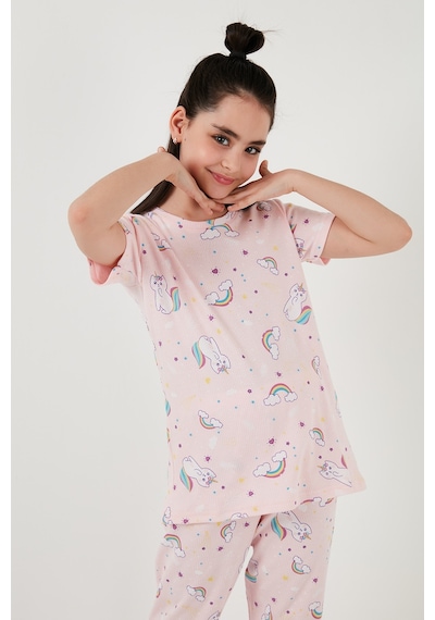 Lela % 100 Pamuk Bisiklet Yaka Kısa Kollu Kız Çocuk Pijama Takımı 6651002 Pembe-Beyaz