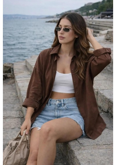Rouge Basıc Oversize Keten Dokulu %100 Pamuk Salaş Gömlek Kahverengi