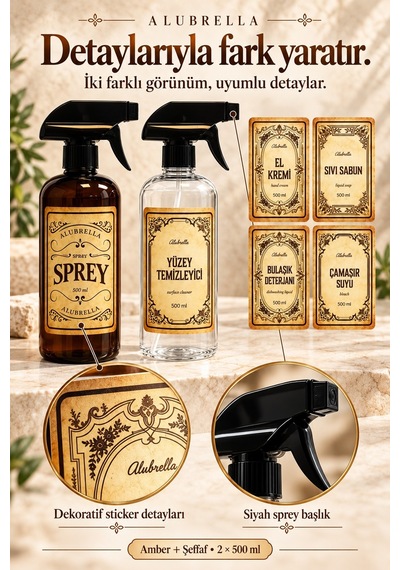 Alubrella 500 Ml Amber Ve Şeffaf Boş Sprey Şişe 2 Li Set Ve 6 Lı Etiket