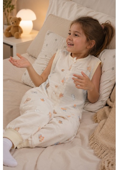 Babyhola Yazlık Müslin Çocuk Uyku Tulumu 1-8 Yaş Unisex Kısa Kollu %100 Pamuk 2703 Bej