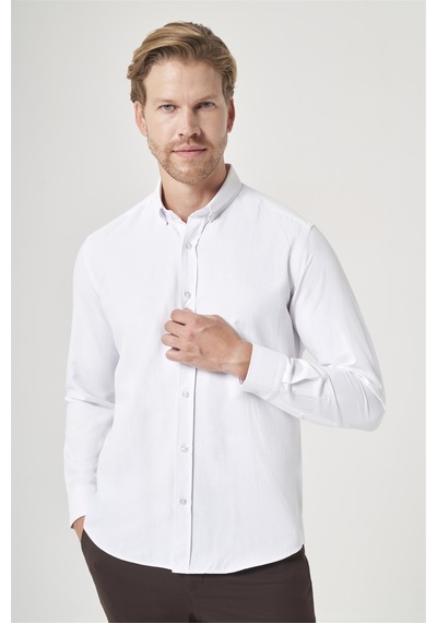İmza Beyaz Düğmeli Yaka Oxford Slim Fit Pamuklu Gömlek 1004265284