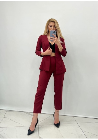Hazego Kadın Atlas Kumaş Ceket Pantolon Takım Bordo