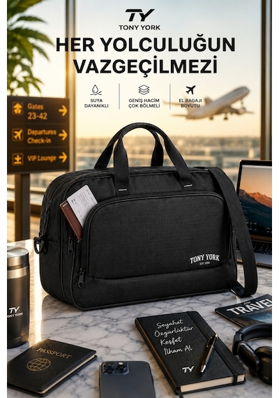 Tony York Orijinal Unisex Konfor Modeli Çok Gözlü Seyahat Tatil Spor Kabin Boy Kumaş Valiz El Ve Omuz Çantası Siyah