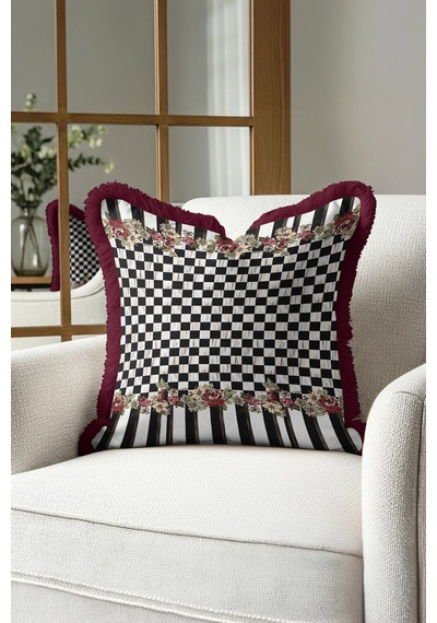 Luxe Ekose Çiçekli Saçaklı Yastık Kılıfı - Çizgili Romantik Vintage Bordo Püsküllü Kırlent Kılıfı Toprak Fırtına Mavisi Luxe Ekose Çiçekli Saçaklı Yastık Kılıfı - Çizgili Romantik Vintage Bordo Püsküllü Kırlent Kılıfı Toprak Fırtına Mavisi
