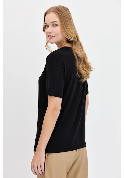Desen Triko Kadın V Yaka Flamlı Kumaş Basic T-shirt Kmy24085 Siyah