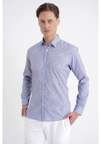Slim Fit Klapa Yaka Esnek Pamuklu Gri Çizgili Gömlek G 1599