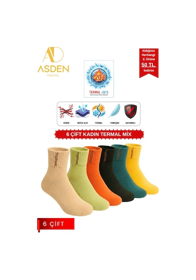 Asden Tekstil 6 Çift Kadın Termal Havlu Çorap - Kışlık Yumuşak - Premıum Pamuk - Burun Dikişsiz Beyaz Kadınhavlu Bej