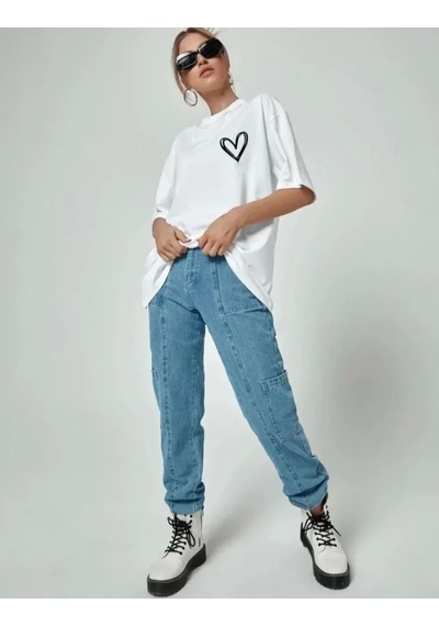 Bisiklet Yaka Baskılı Oversize T-shirt - Beyaz